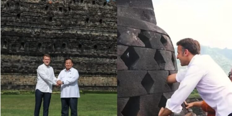 Potret momen Presiden Macron di Candi Borobudur bersama Presiden Prabowo. (Kolase Instagram/prabowo - emmanuelmacron)